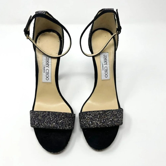 Jimmy Choo Leather Misty 120 Twilight Black Suede Glitter Sandals Heels 38.5/8.5 - Picture 7 of 14